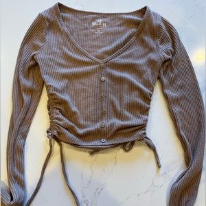 XS brown v-neck button-down long sleeve with cinched sides